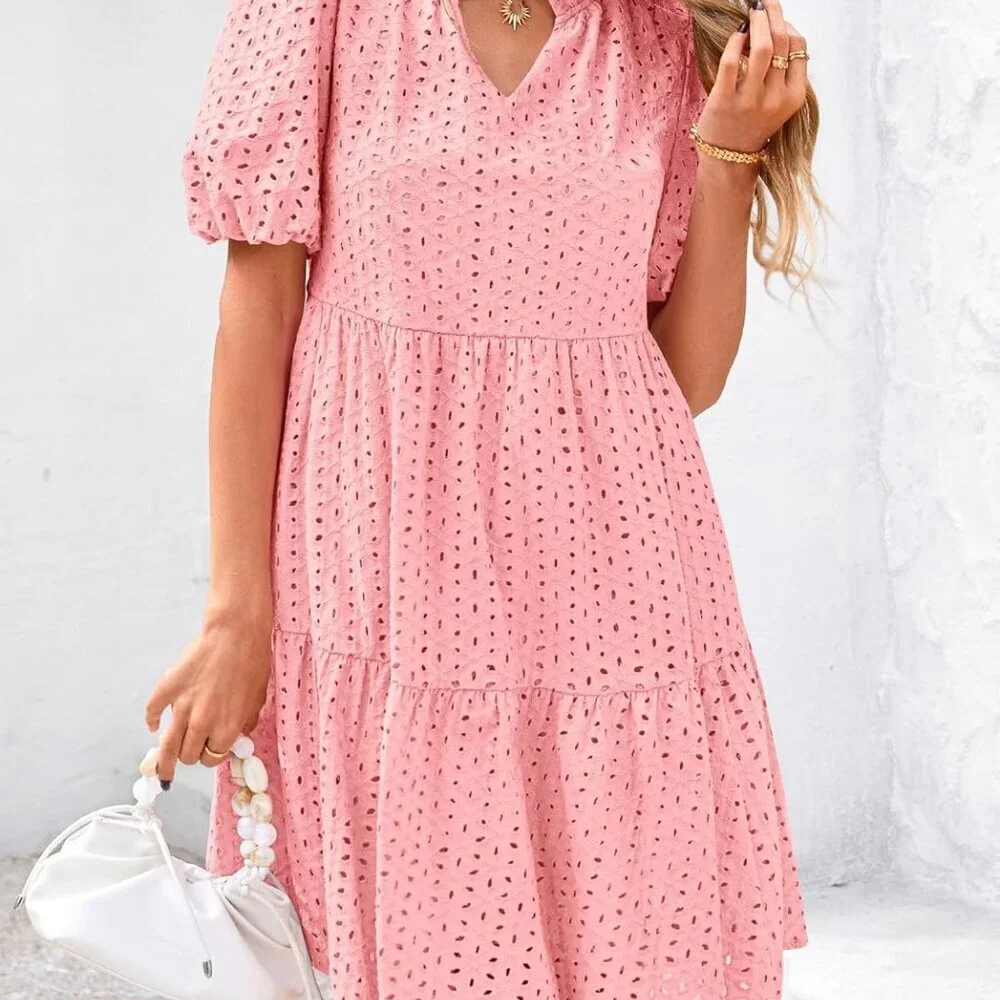 Eyelet Summer Dresses for Women 2025 Mini Casual Hollow Out Short Sleeve Lace Ti - Picture 5 of 8